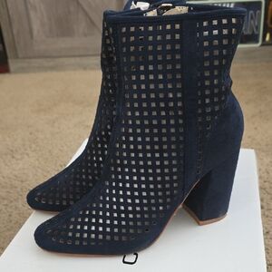 Cape Robbin Navy Blue Perforated Suede Block Heel Ankle Boots